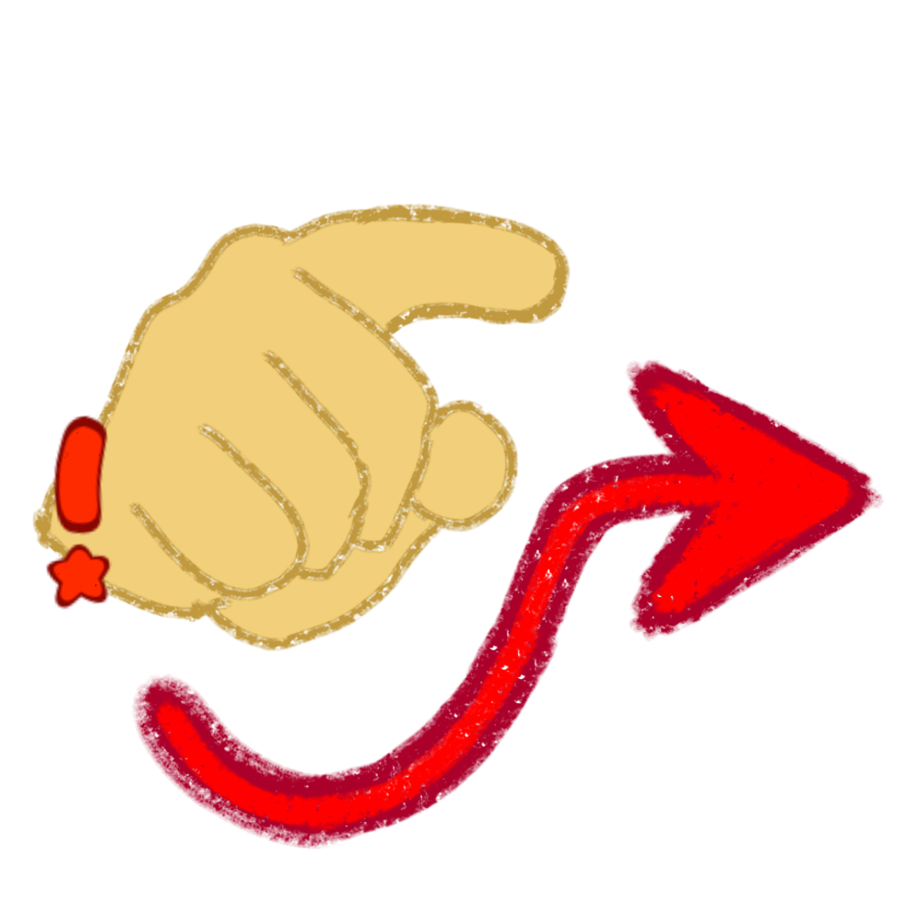  a yellow hand with the ASL for 'you' and a red exclamation mark next to it on the left with a red arrow extending underneath. The arrow curves slightly upwards and then points to the right.